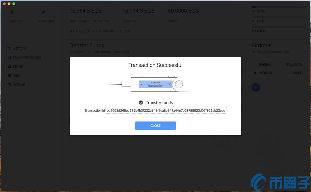 Ledger硬件钱包收发EOS币新手教程