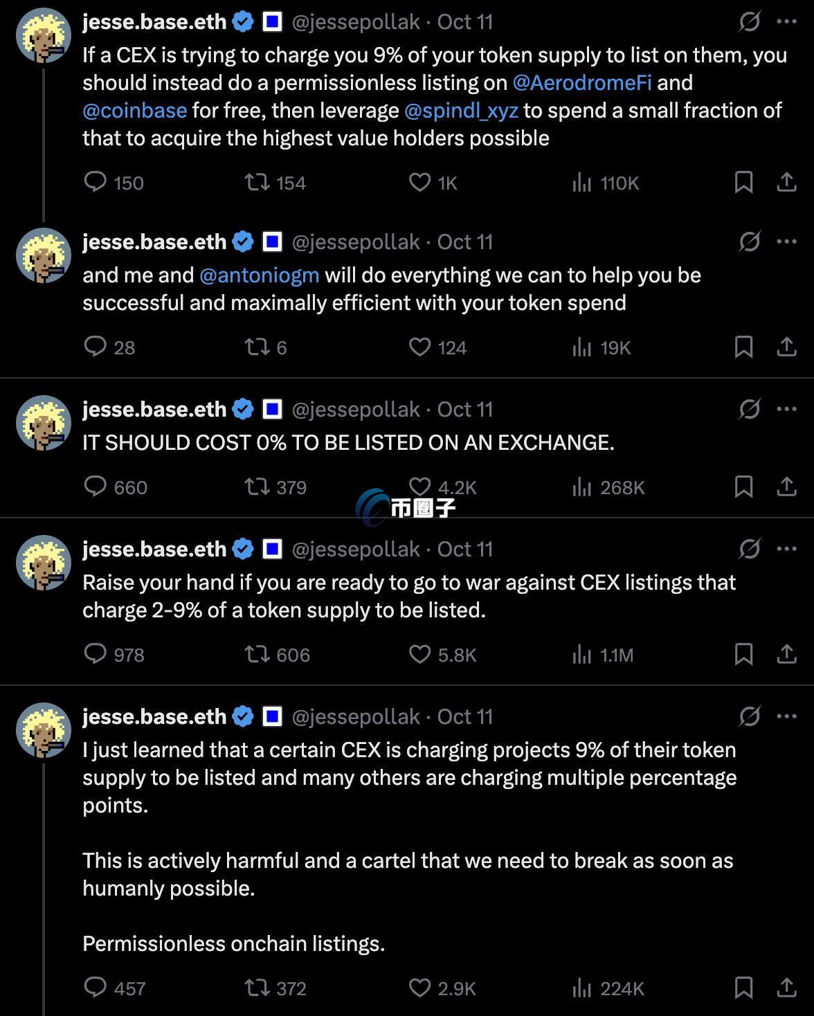 Base创办人Jesse Pollak多次批评CEX收取不合理的巨额上币费用