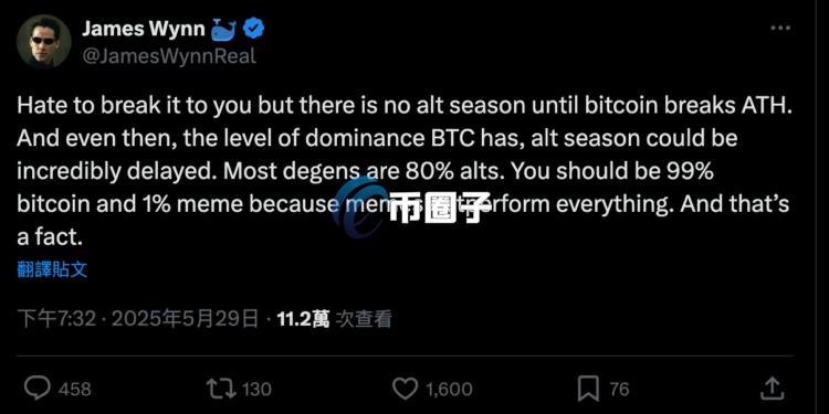 巨鲸James Wynn看多比特币却反手做空！并建议配置99%BTC与1%Meme币